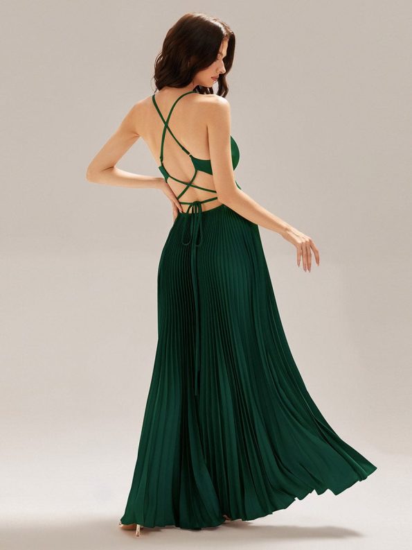 Appliqued Satin Pleated Sleeveless Dress - Dark Green