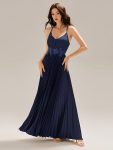 Appliqued Satin Pleated Sleeveless Dress - Navy Blue