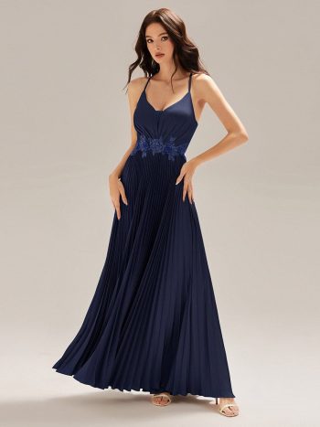 Appliqued Satin Pleated Sleeveless Dress - Navy Blue