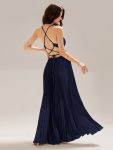 Appliqued Satin Pleated Sleeveless Dress – Navy Blue