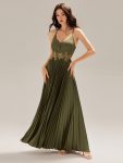 Appliqued Satin Pleated Sleeveless Dress - Olive Green