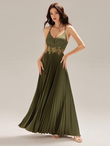 Appliqued Satin Pleated Sleeveless Dress - Olive Green