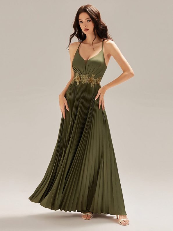 Appliqued Satin Pleated Sleeveless Dress - Olive Green