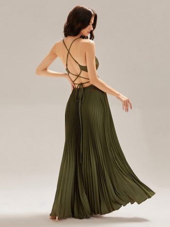 Appliqued Satin Pleated Sleeveless Dress - Olive Green