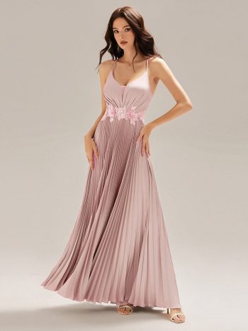 Appliqued Satin Pleated Sleeveless Dress - Pink