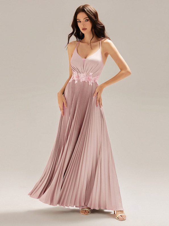 Appliqued Satin Pleated Sleeveless Dress - Pink