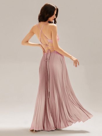 Appliqued Satin Pleated Sleeveless Dress - Pink
