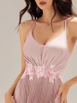 Appliqued Satin Pleated Sleeveless Dress – Pink
