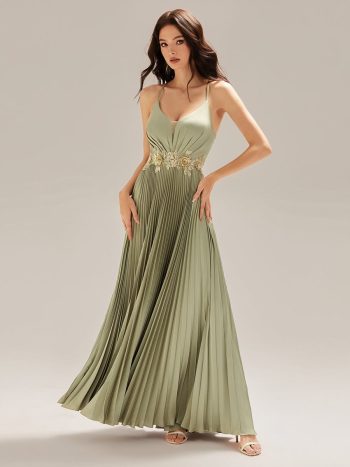 Appliqued Satin Pleated Sleeveless Dress - Sage Green