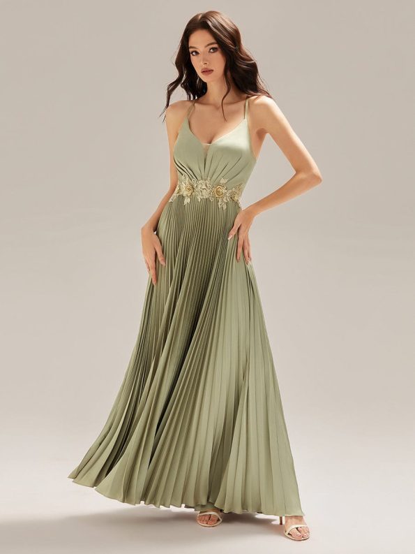 Appliqued Satin Pleated Sleeveless Dress - Sage Green