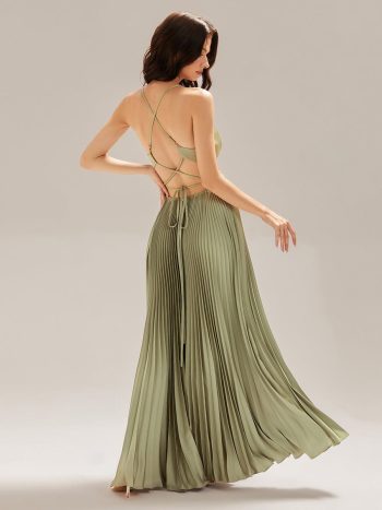 Appliqued Satin Pleated Sleeveless Dress - Sage Green