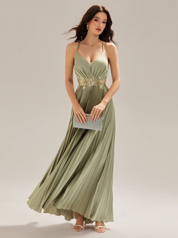 Appliqued Satin Pleated Sleeveless Dress - Sage Green