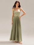 Appliqued Satin Pleated Sleeveless Dress – Sage Green