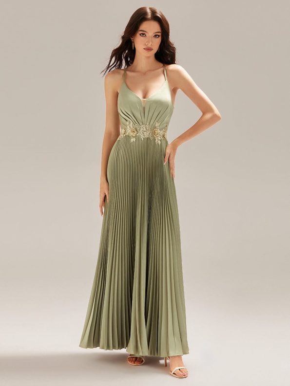 Appliqued Satin Pleated Sleeveless Dress - Sage Green