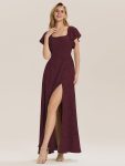 Ruffle Sleeve A-Line Formal Evening Dress with Slit – Burgundy