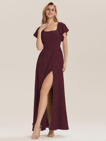Ruffle Sleeve A-Line Formal Evening Dress with Slit - Burgundy