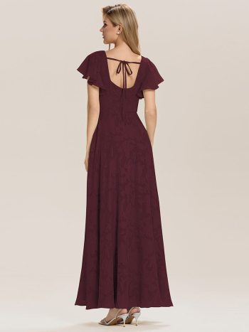 Ruffle Sleeve A-Line Formal Evening Dress with Slit - Burgundy