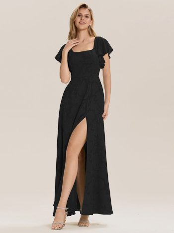 Ruffle Sleeve A-Line Formal Evening Dress with Slit - Black