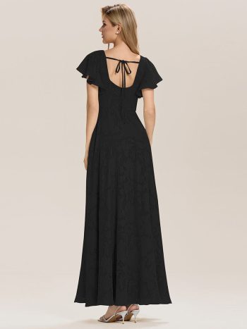 Ruffle Sleeve A-Line Formal Evening Dress with Slit - Black
