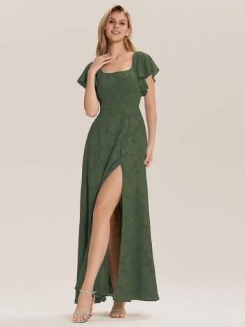 Ruffle Sleeve A-Line Formal Evening Dress with Slit - Eucalyptus