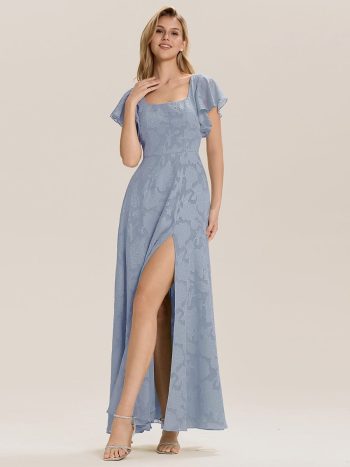 Ruffle Sleeve A-Line Formal Evening Dress with Slit - Light Blue