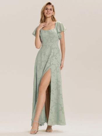 Ruffle Sleeve A-Line Formal Evening Dress with Slit - Mint Green