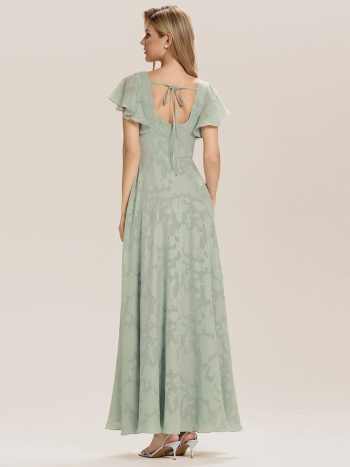 Ruffle Sleeve A-Line Formal Evening Dress with Slit - Mint Green