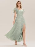 Ruffle Sleeve A-Line Formal Evening Dress with Slit – Mint Green