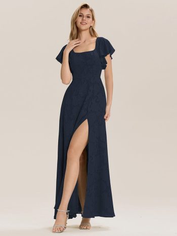 Ruffle Sleeve A-Line Formal Evening Dress with Slit - Navy Blue