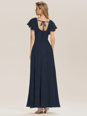Ruffle Sleeve A-Line Formal Evening Dress with Slit - Navy Blue