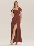 Ruffle Sleeve A-Line Formal Evening Dress with Slit - Vermilion