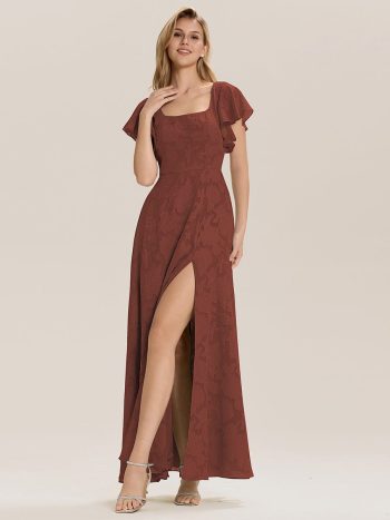 Ruffle Sleeve A-Line Formal Evening Dress with Slit - Vermilion