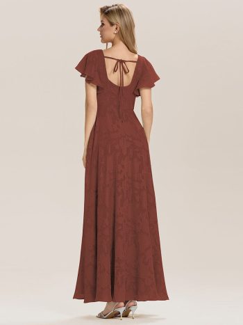 Ruffle Sleeve A-Line Formal Evening Dress with Slit - Vermilion