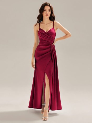 Flowing Ribbons Satin High Slit Dress - Burgundy