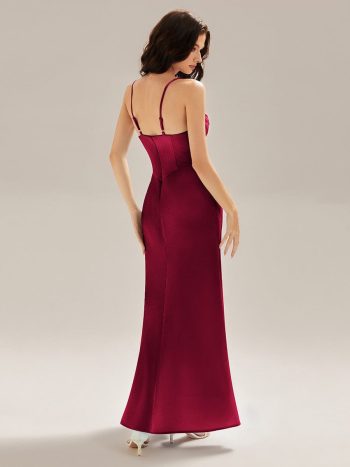 Flowing Ribbons Satin High Slit Dress - Burgundy