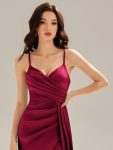 Flowing Ribbons Satin High Slit Dress – Burgundy