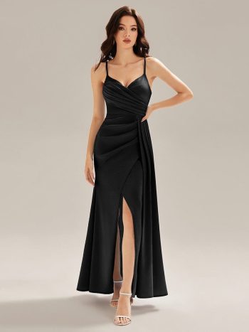 Flowing Ribbons Satin High Slit Dress - Black
