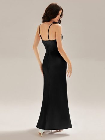 Flowing Ribbons Satin High Slit Dress - Black