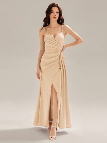 Flowing Ribbons Satin High Slit Dress - Champagne