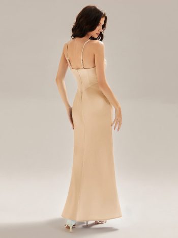 Flowing Ribbons Satin High Slit Dress - Champagne