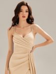 Flowing Ribbons Satin High Slit Dress – Champagne