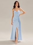 Flowing Ribbons Satin High Slit Dress - Light Blue
