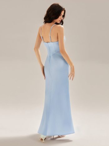 Flowing Ribbons Satin High Slit Dress - Light Blue