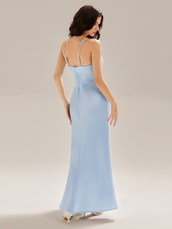 Flowing Ribbons Satin High Slit Dress - Light Blue