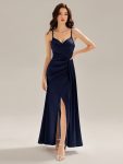 Flowing Ribbons Satin High Slit Dress – Navy Blue