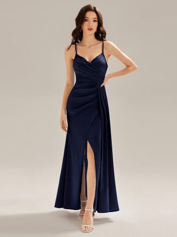 Flowing Ribbons Satin High Slit Dress - Navy Blue