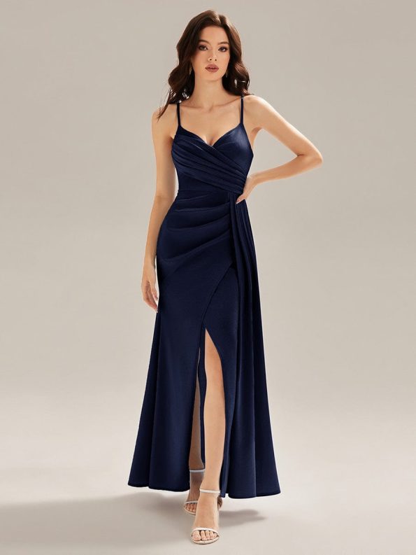 Flowing Ribbons Satin High Slit Dress - Navy Blue