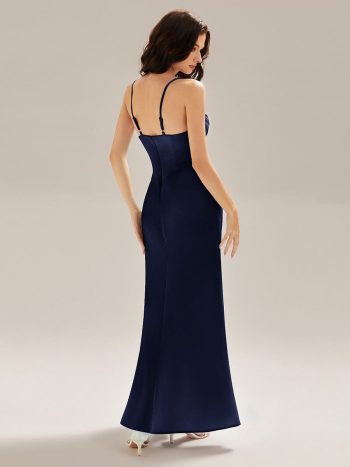 Flowing Ribbons Satin High Slit Dress - Navy Blue