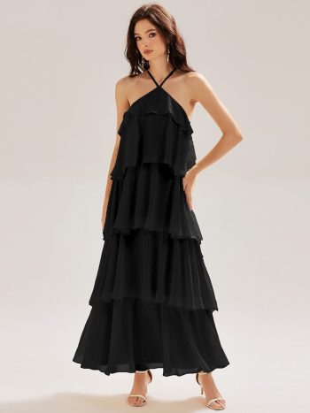 Backless Chiffon Tiered Maxi Dress - Black