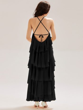 Backless Chiffon Tiered Maxi Dress - Black